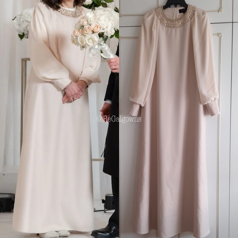 Current season, uptodate, luxurious cream silk look gown with cream lined chiffon, flowing sleeves, gold jewelled neckline, slimming, flattering style, worn once in Antwerp. Doesn't need dry cleaning.